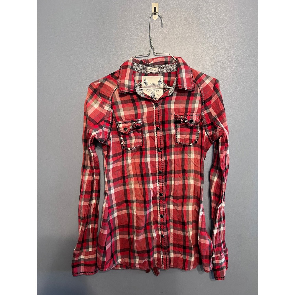 Passion To Roar Victorian Western Shirt Red Plaid Rhinestone Embellished Sz Sm